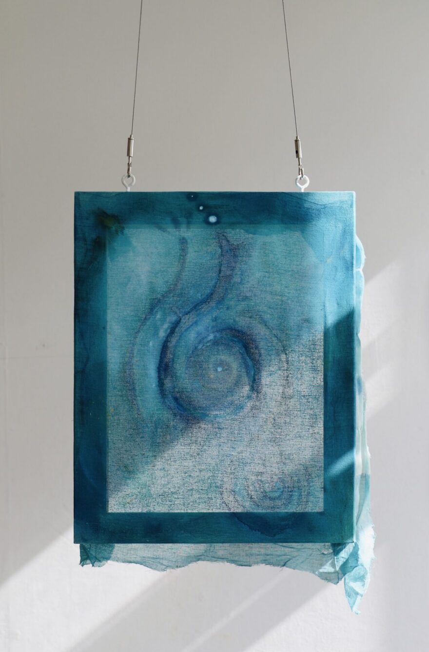Artwork by Caitlín O’ Doherty entitled 'ESSENCE' (2025). Acrylic ink, water soluble pastel and pigment on muslin, 40 x 50cm.